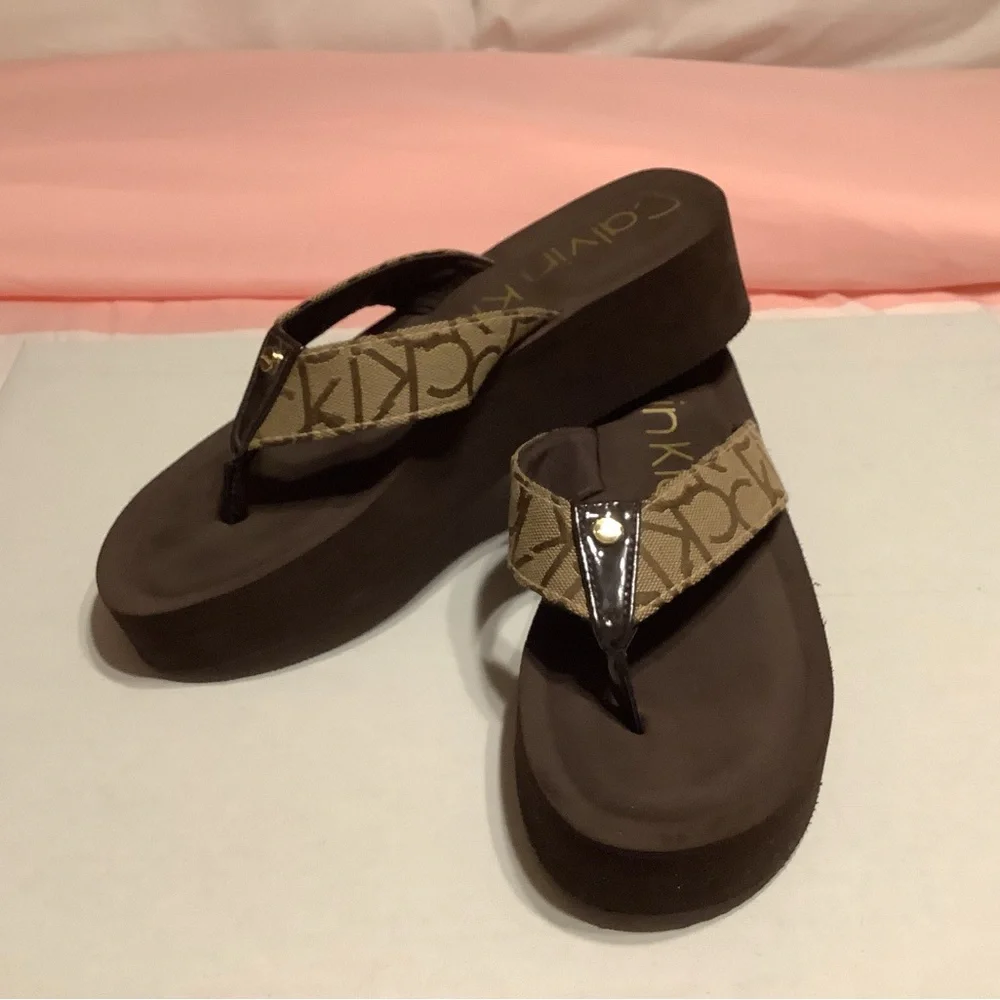 Calvin Klein Brown Logo Platform Flip Flops